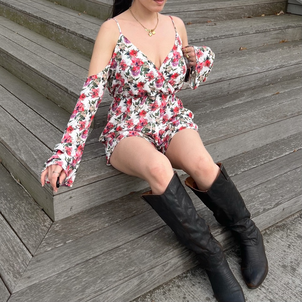 Floral playsuit romper with off the shoulder detail and elastic waist